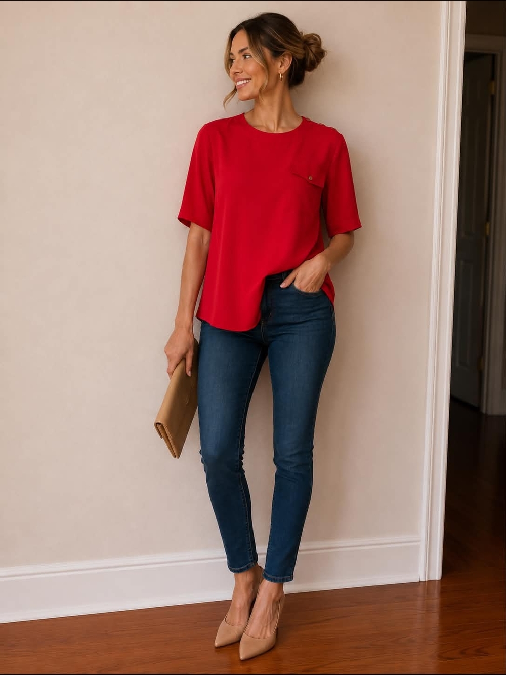 💯 % Silk Short-Sleeve Red Pocket Blouse — Lightweight Everyday Top